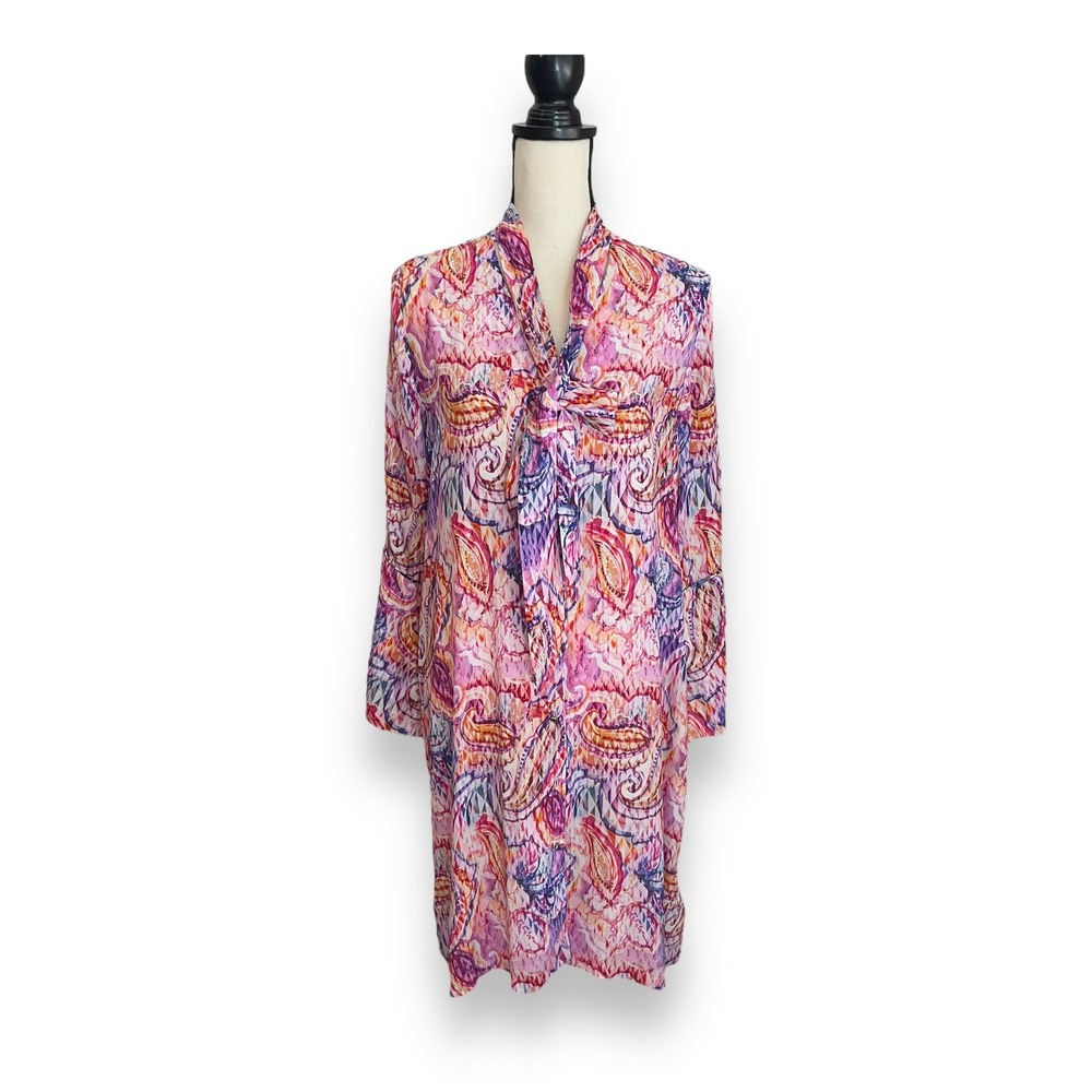 Robert Graham Brenna Paisley Tie Neck Shift Dress Pink Purple Bell Sleeve Large